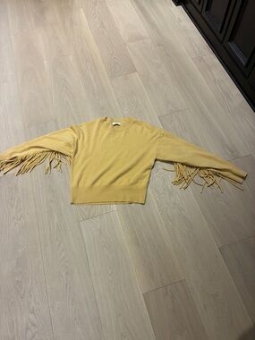 Sandro Mustard Fringe Sleeve Women's Sweater